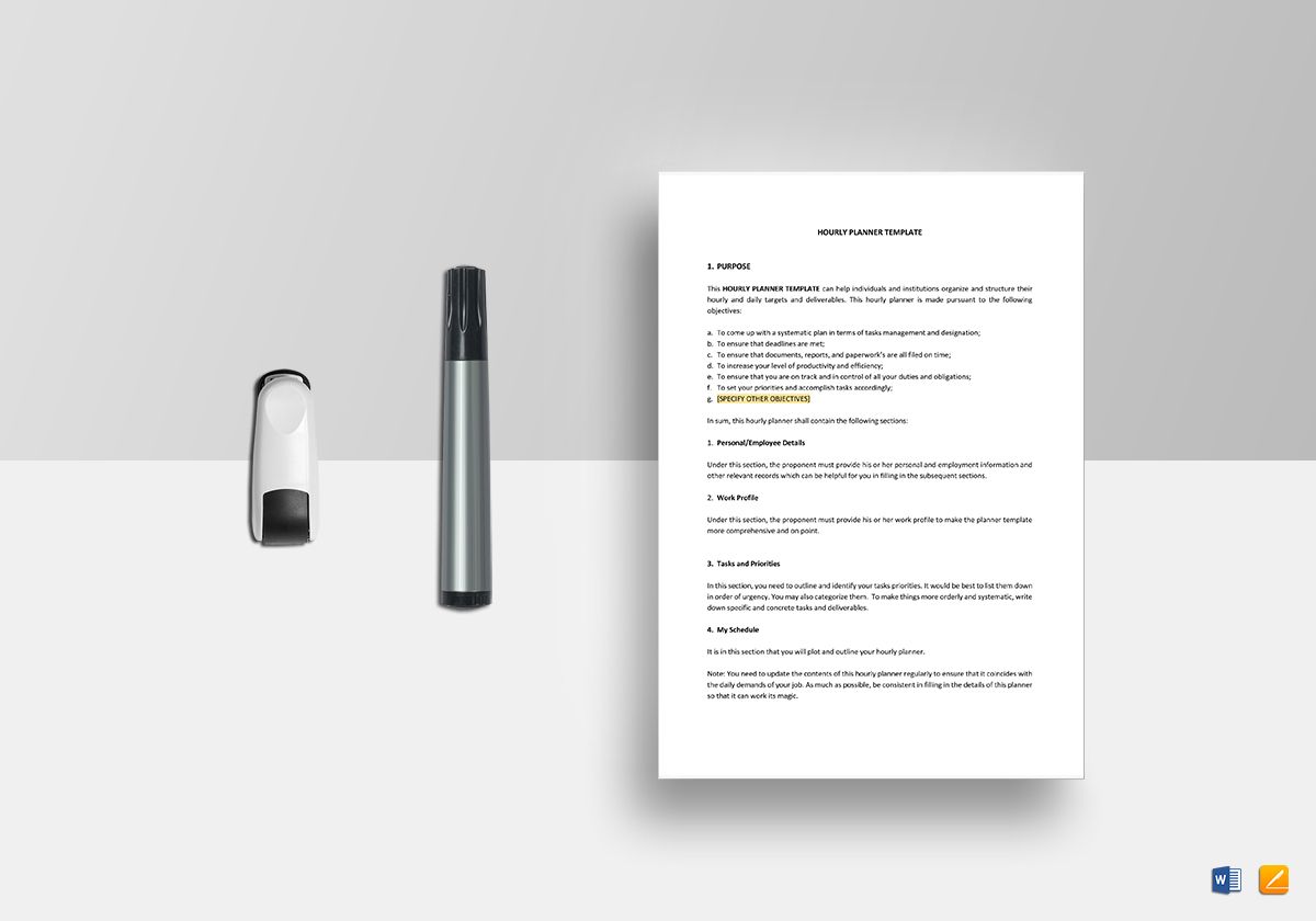 Hourly Planner Template in Word, Apple Pages