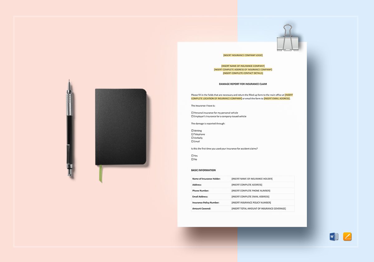 Damage Report for Insurance Template in Word, Apple Pages