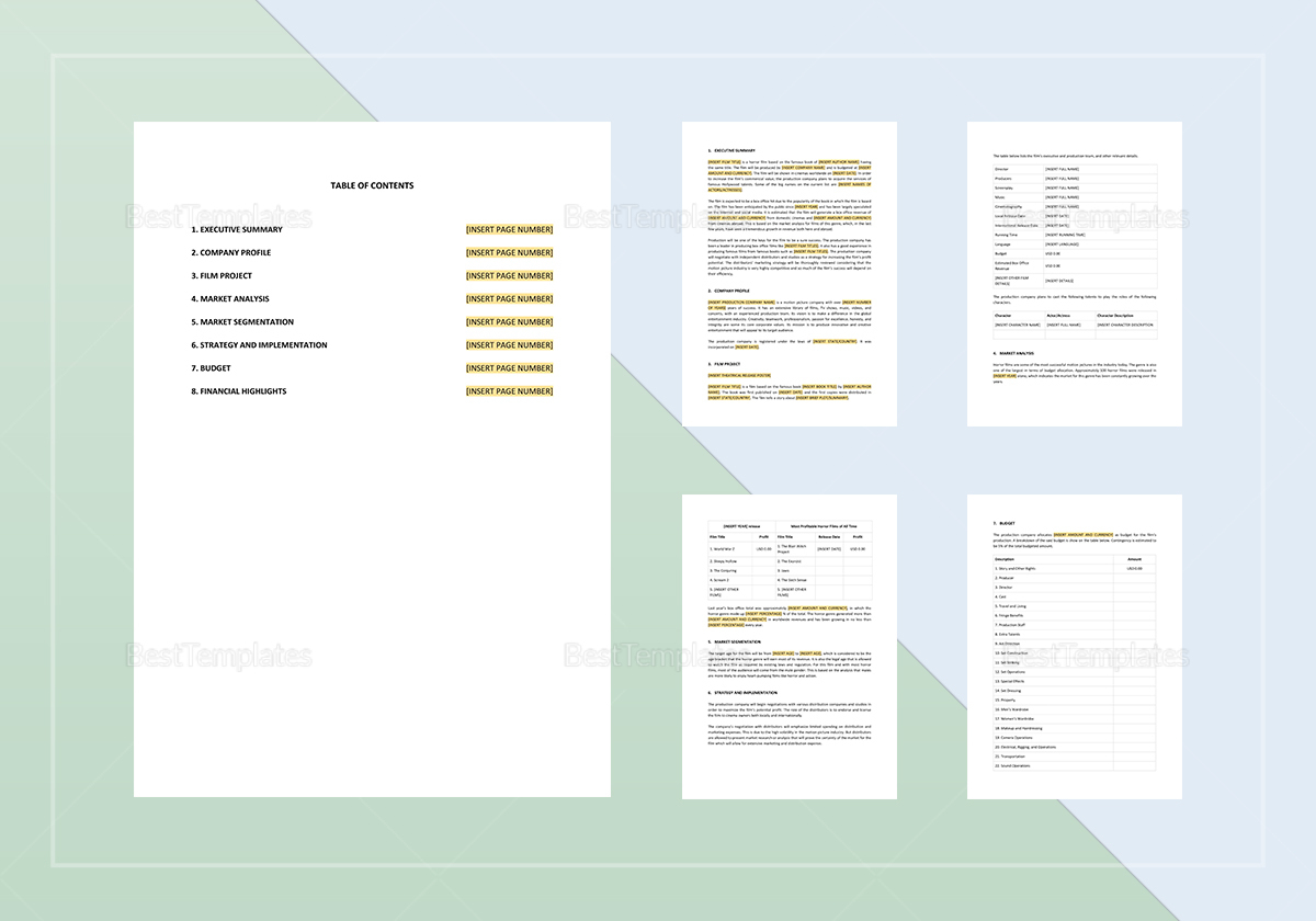 Film Business Plan Template in Word, Apple Pages