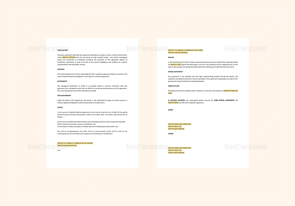 Shop Rental Agreement Template in Word, Apple Pages