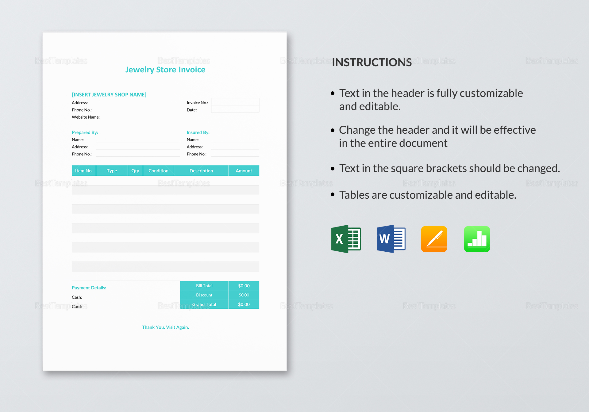 Jewelry Store Invoice Template in Word, Excel, Apple Pages, Numbers