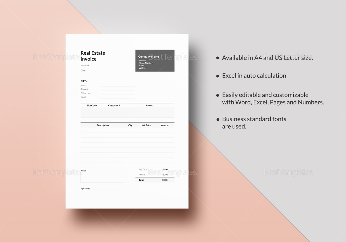 real estate invoice template in word excel apple pages numbers