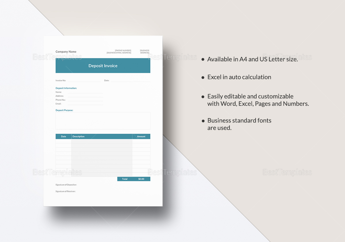 Printable Deposit Invoice Template