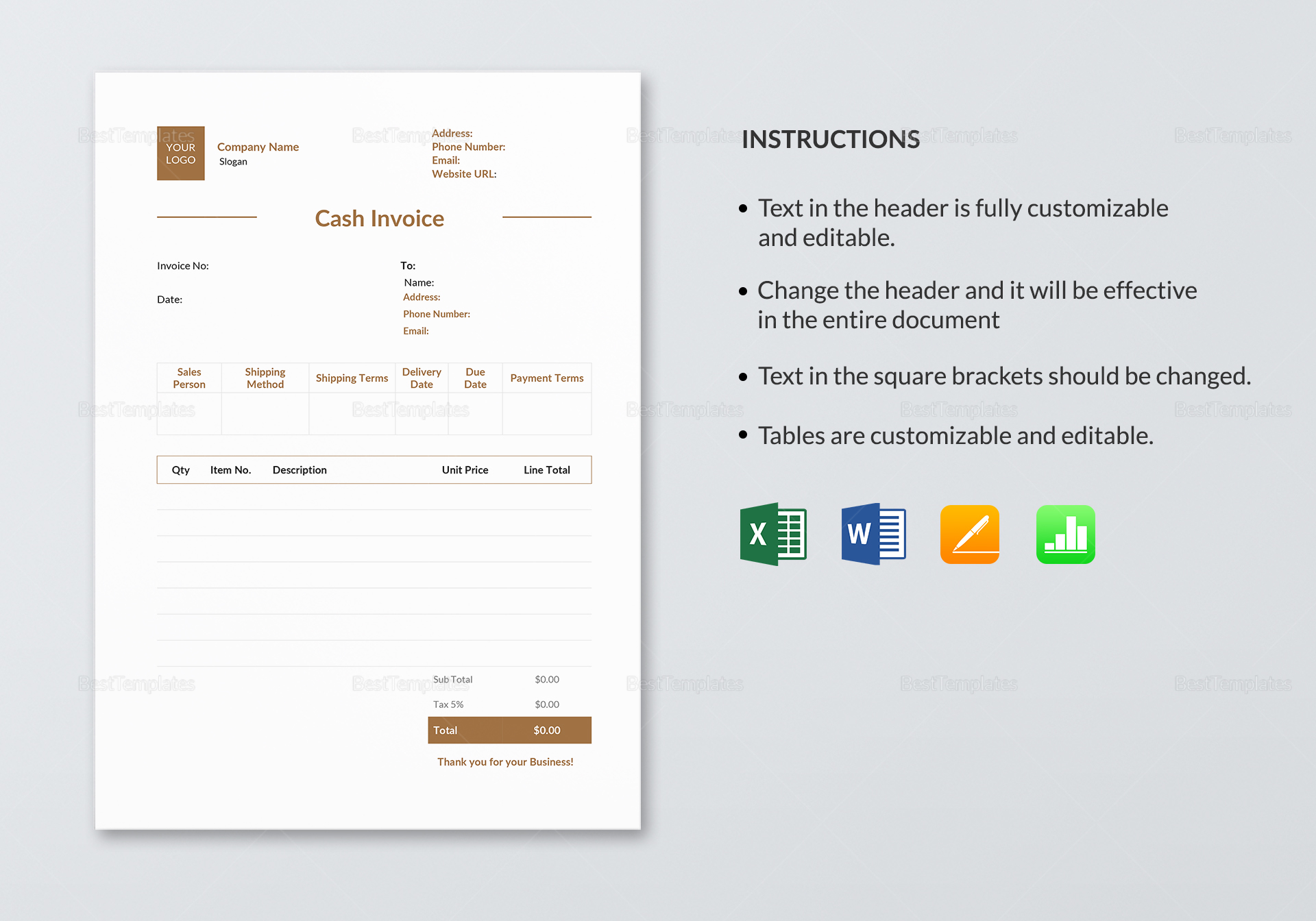 Cash Invoice Template in Word Excel Apple Pages Numbers