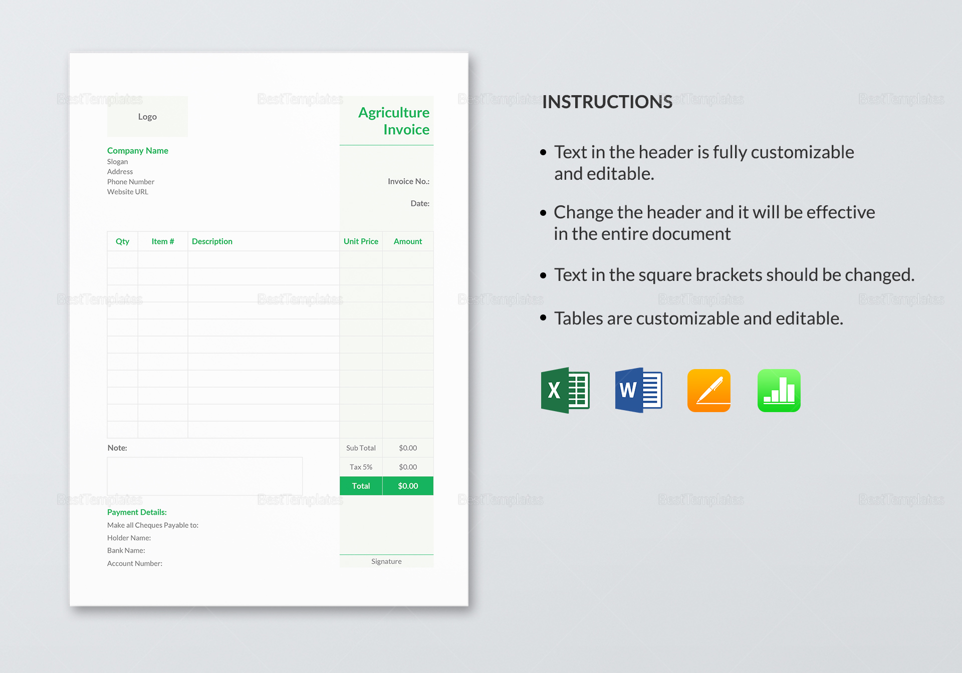 Agriculture Invoice Template in Word, Excel, Apple Pages, Numbers