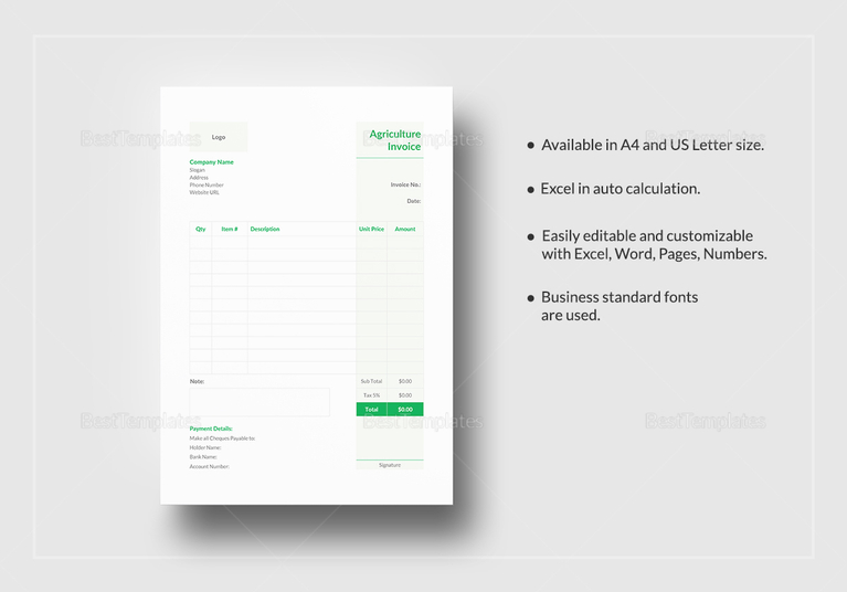 Agriculture Invoice Template in Word, Excel, Apple Pages, Numbers