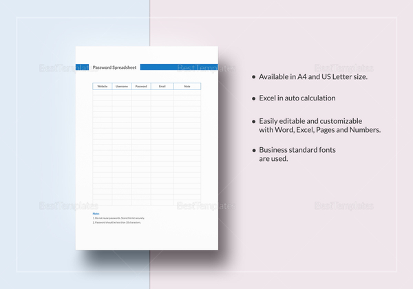 Password Spreadsheet Template in Word, Excel, Apple Pages, Numbers