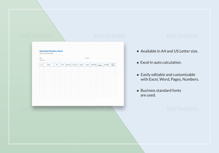 Blank Basketball Stat Sheet Template in Word, Excel, Apple Pages, Numbers