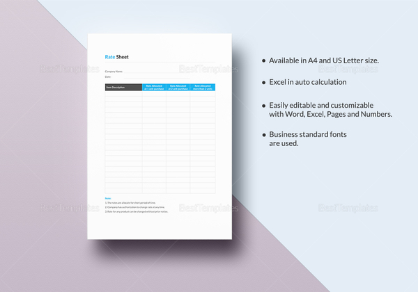 Rate Sheet Template in Word, Excel, Apple Pages, Numbers