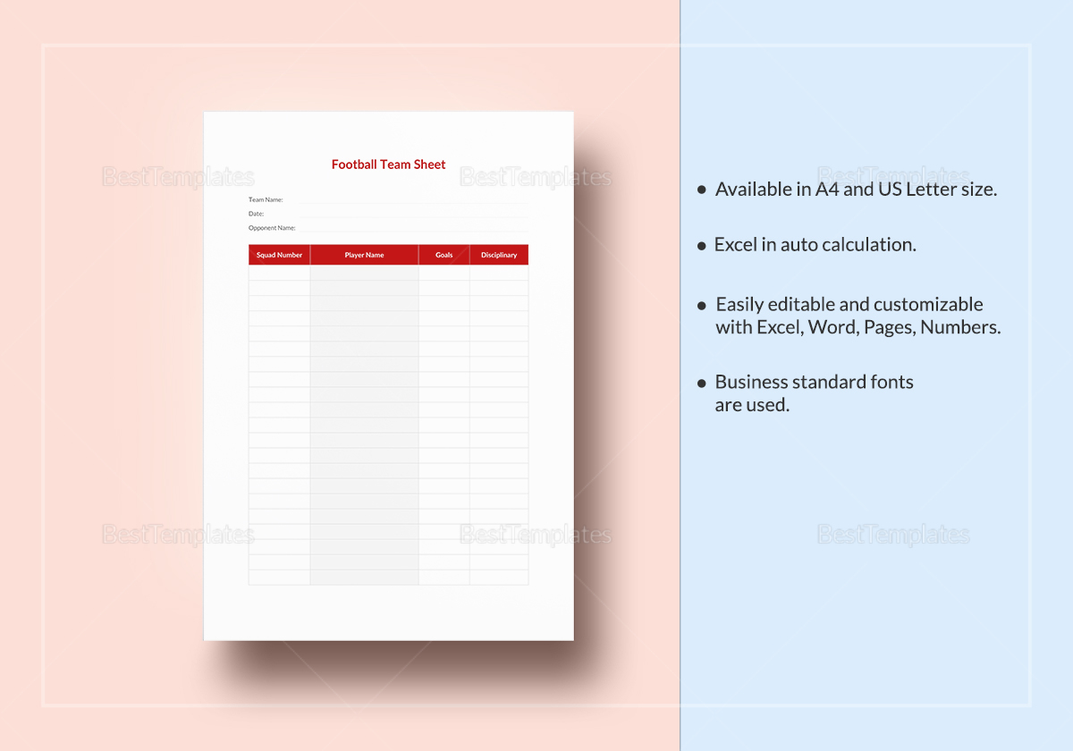 Football Team Sheet Template to Edit