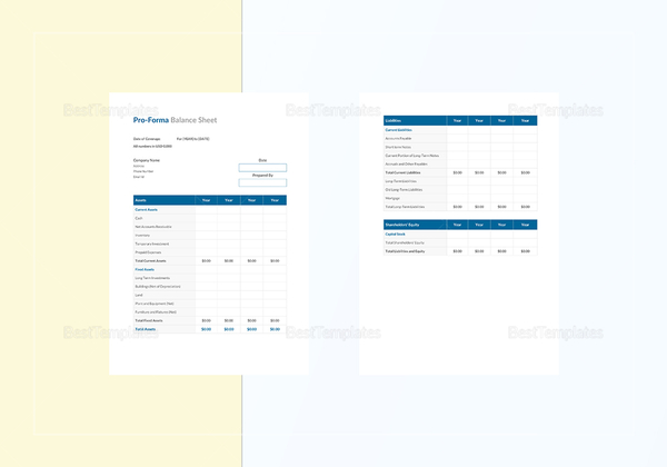 Proforma Balance Sheet Template in Word, Excel, Apple Pages, Numbers