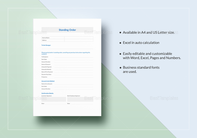 Standing Order Template in Word, Excel, Apple Pages, Numbers