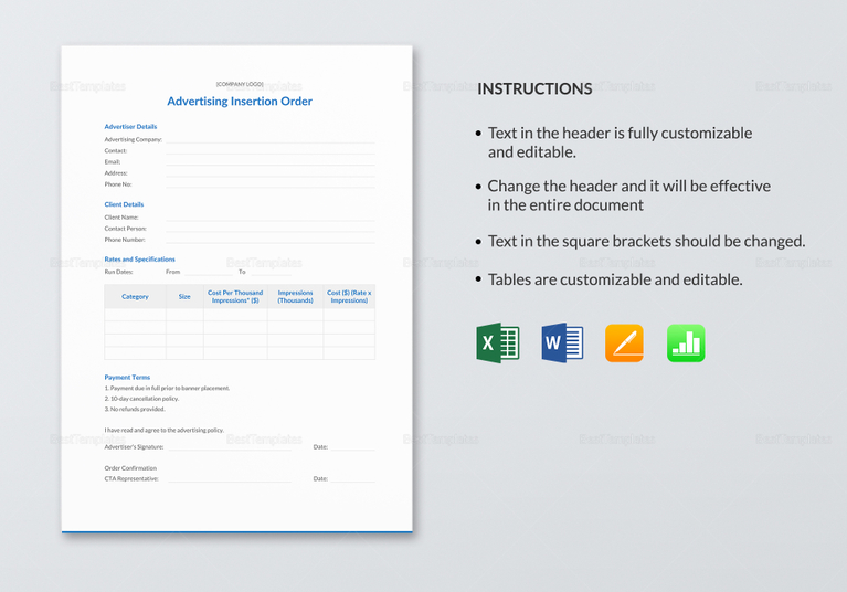 Advertising Insertion Order Template In Word, Excel, Apple Pages, Numbers