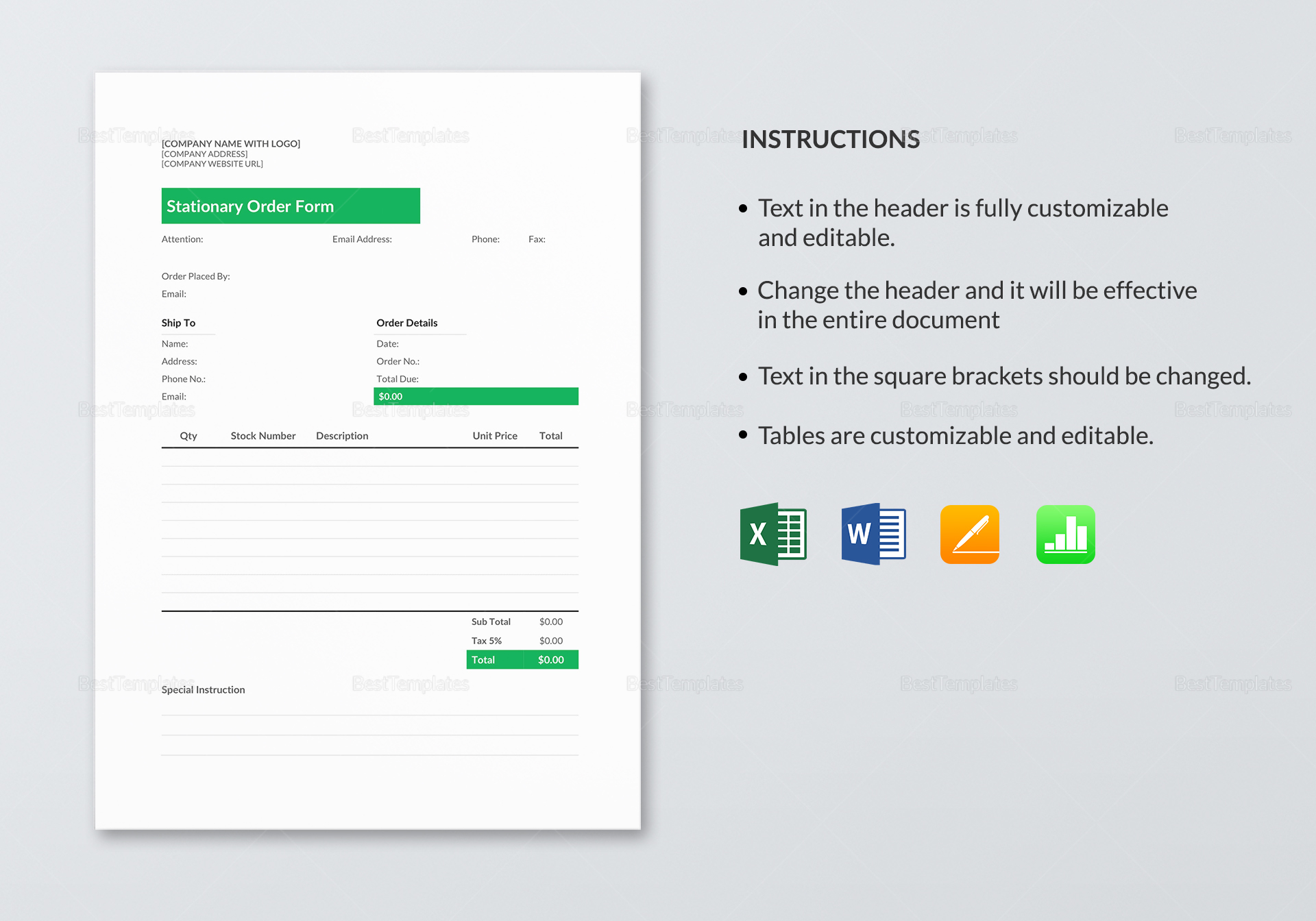 Editable Stationery Order Template