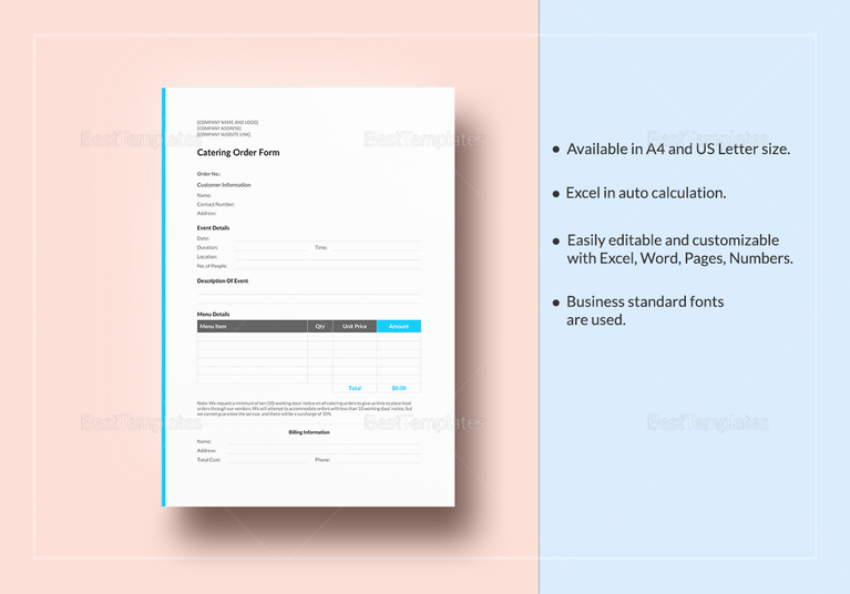 Catering Order Template in Word, Excel, Apple Pages, Numbers