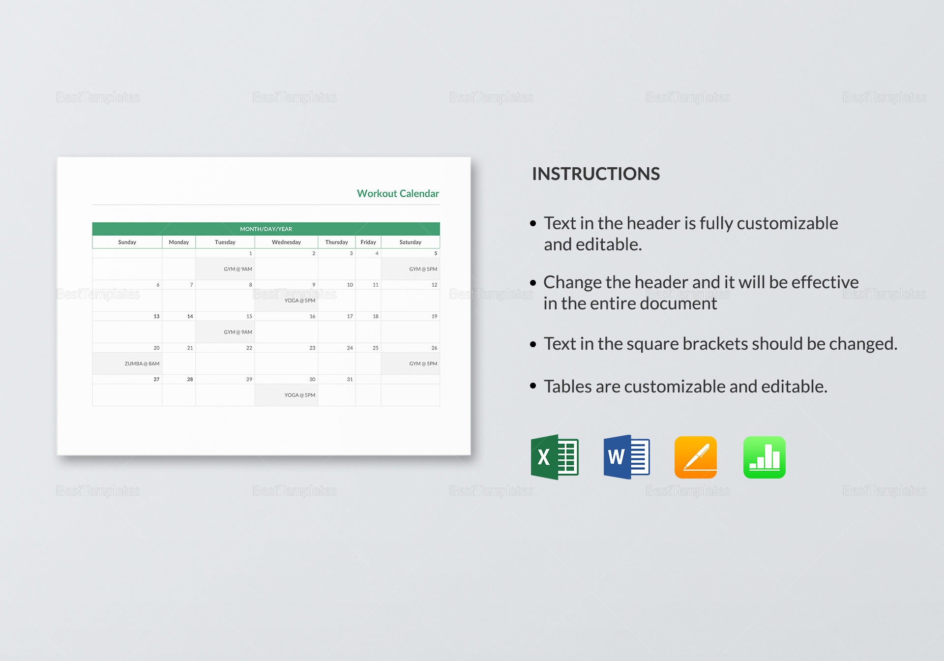 Workout Calendar Template in Word, Excel, Apple Pages, Numbers