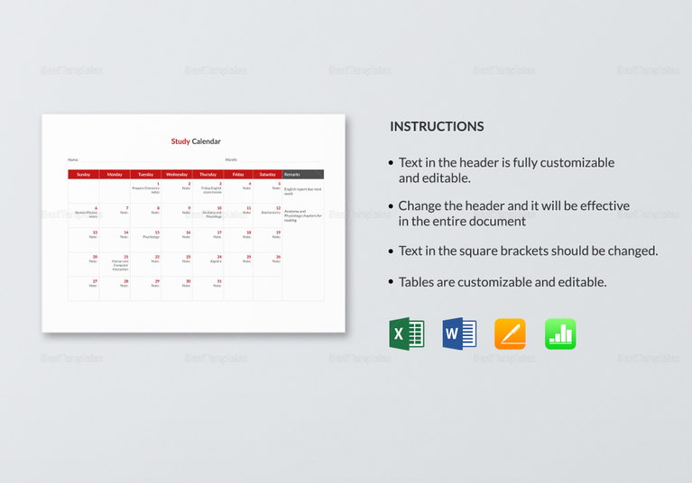 Study Calendar Template in Word, Excel, Apple Pages, Numbers