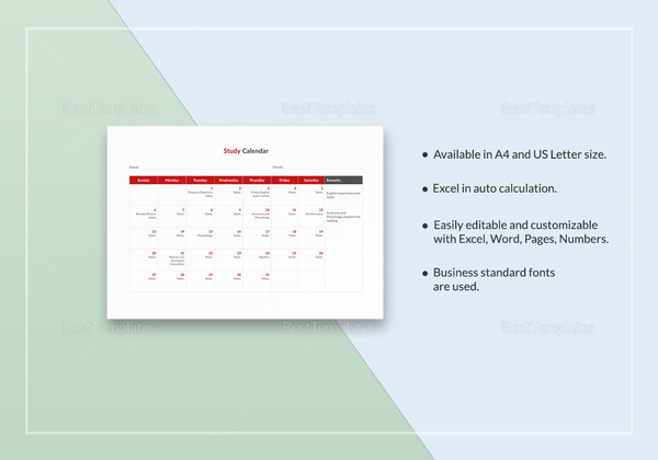 Study Calendar Template in Word, Excel, Apple Pages, Numbers