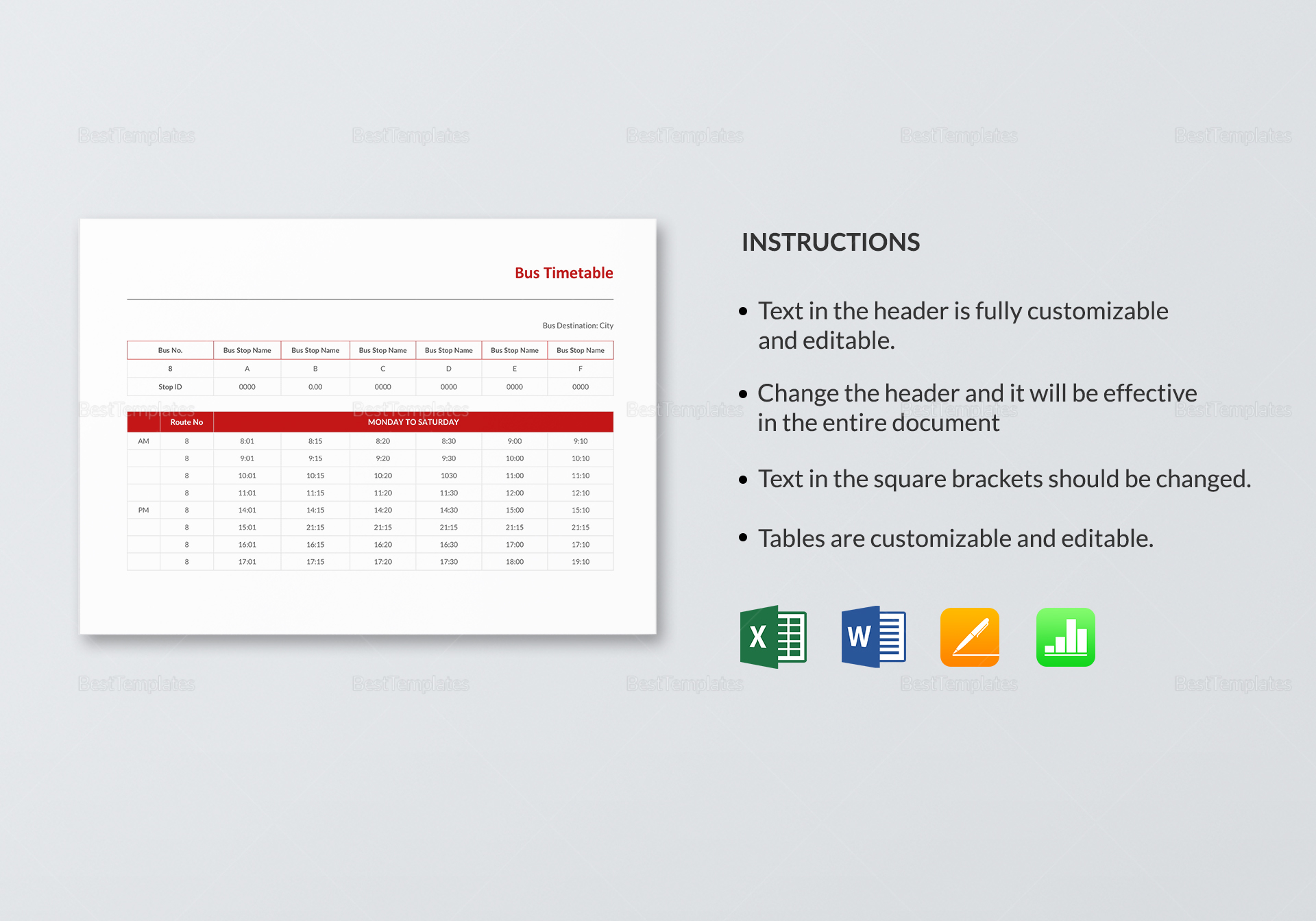 Bus Timetable Template in Word, Excel, Apple Pages, Numbers