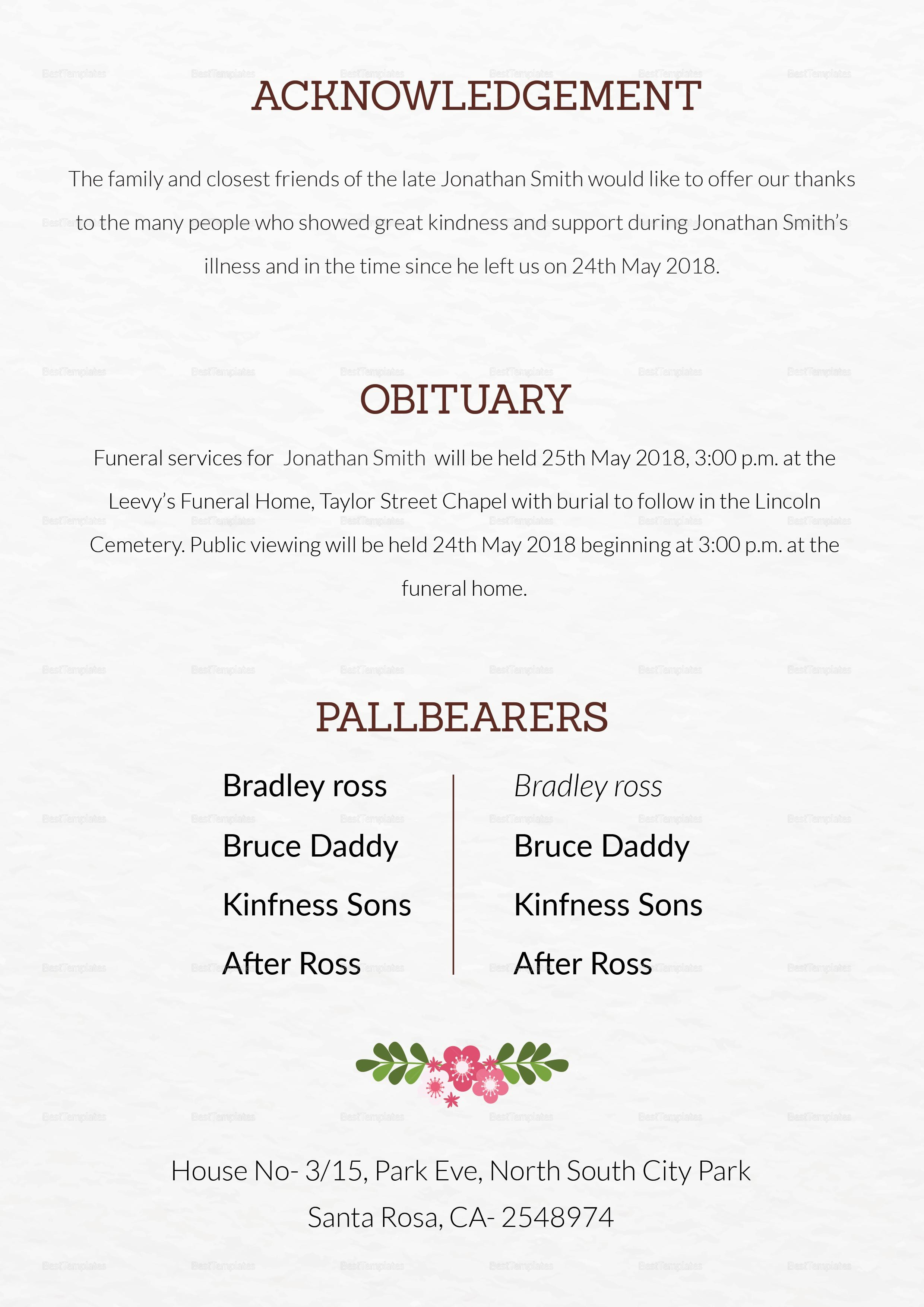 Obituary Death Announcement Template in Adobe Microsoft Word