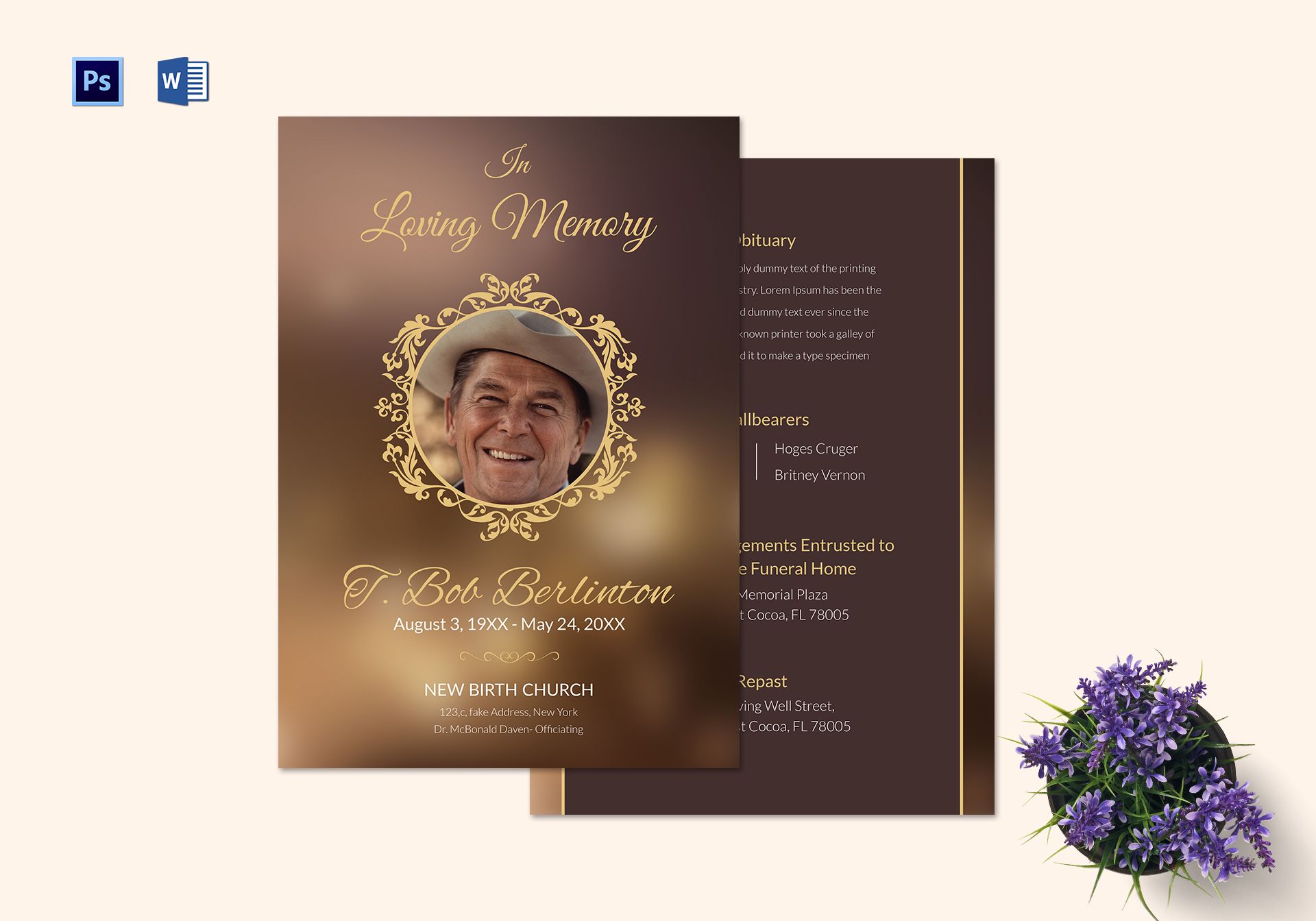 Customizable Funeral Obituary Template In Adobe Photoshop Microsoft Word