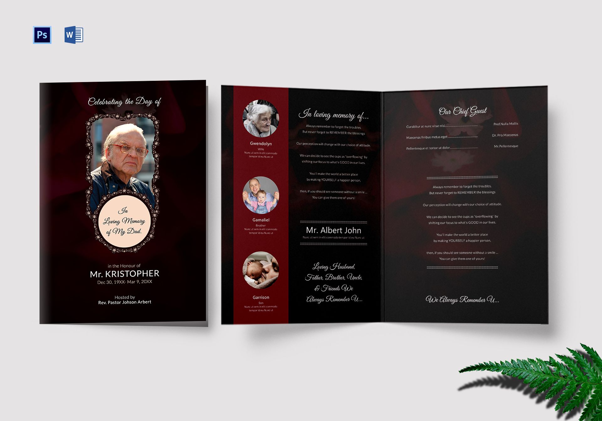 Funeral Program Bi Fold Card Template In Adobe Photoshop Microsoft Word