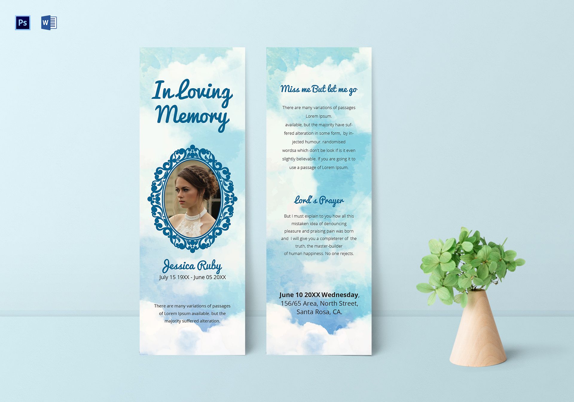 editable memorial bookmark template in adobe photoshop microsoft word