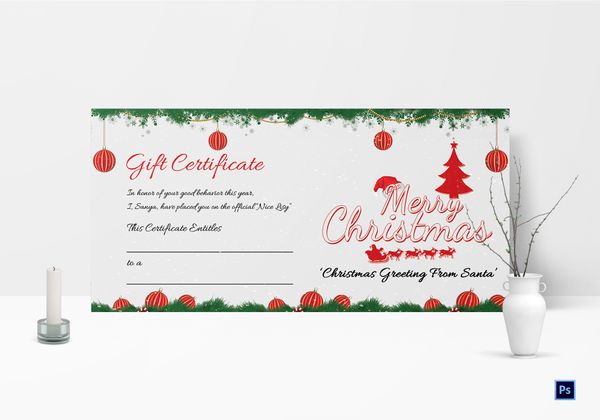 Printable Merry Christmas Gift Certificate Template in Adobe Photoshop