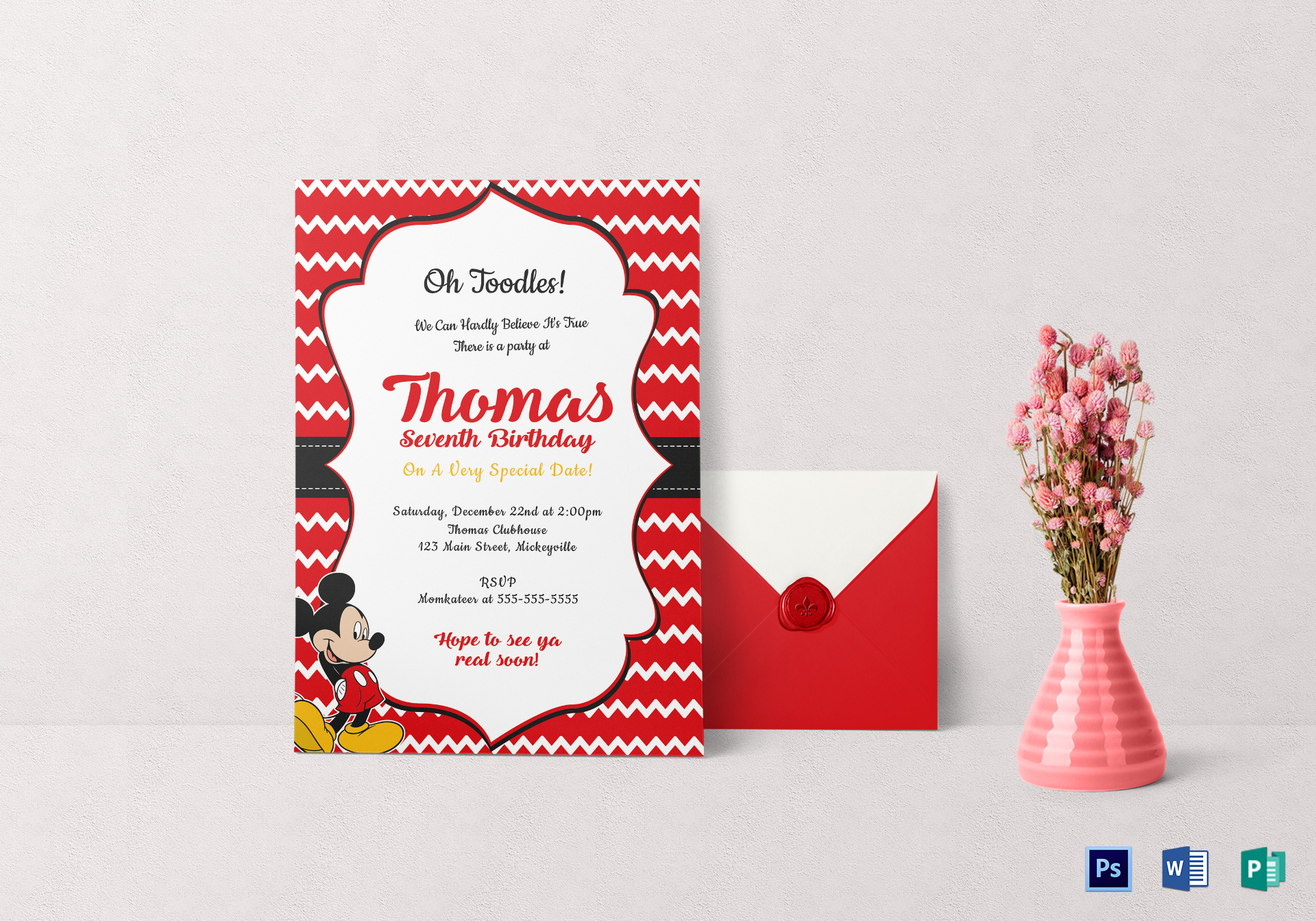 Editable Mickey Mouse Birthday Invitation Card Template