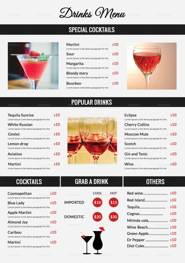 Drinks Menu Design Template in PSD, Word, Publisher