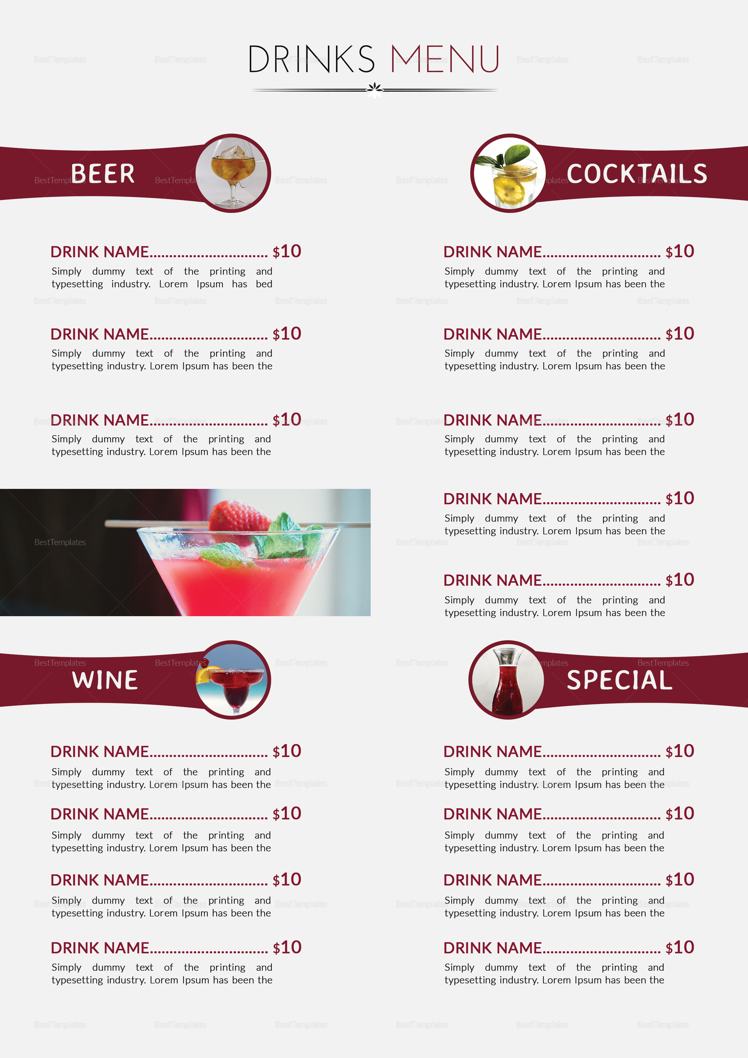 Cocktail Drinks Menu Design Template in PSD, Word, Publisher