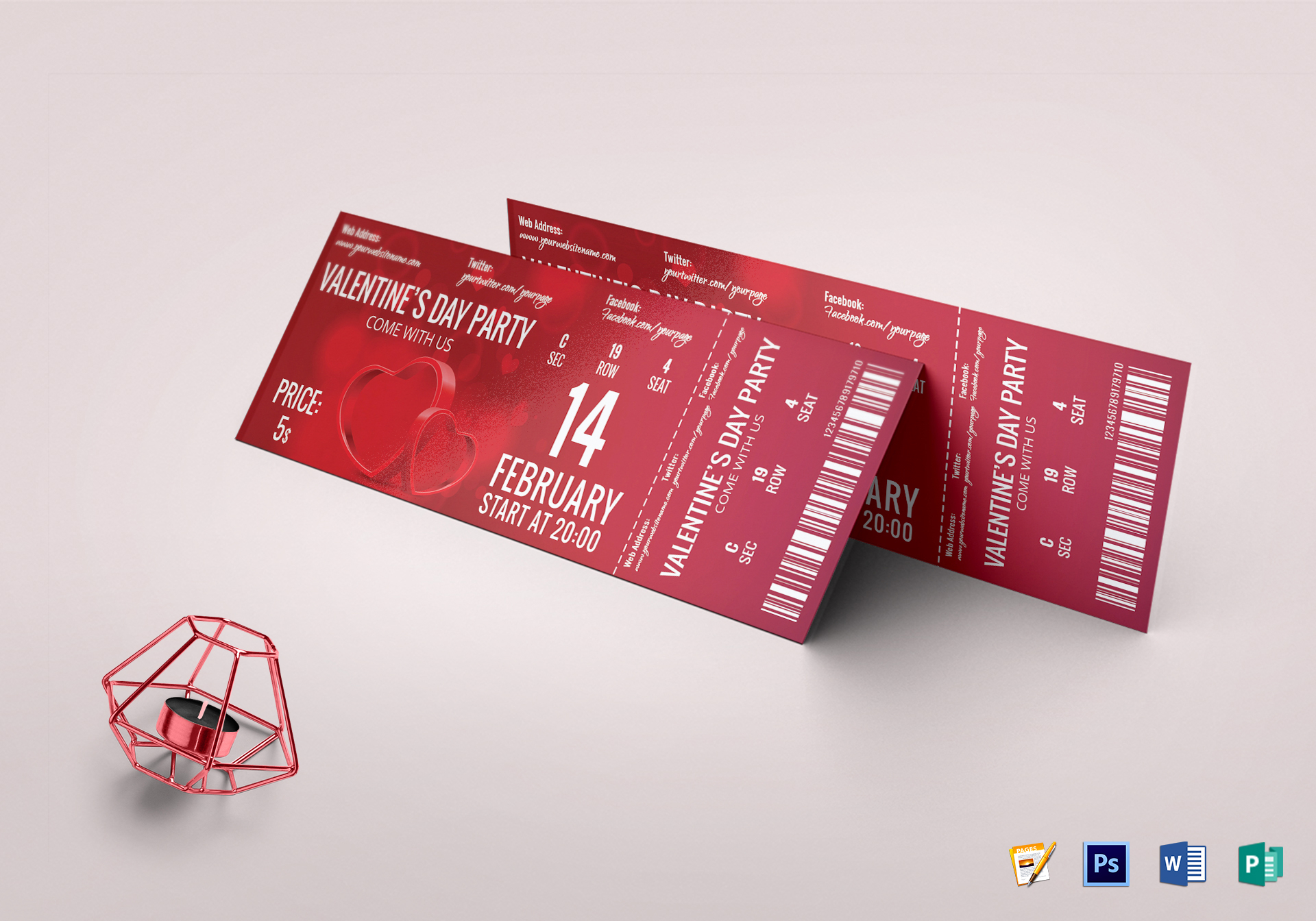 Valentine Event Ticket Design Template in Word, PSD, Pages, Publisher