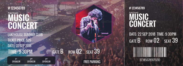 Music Concert Ticket Design Template in PSD, Word, Publisher, Pages