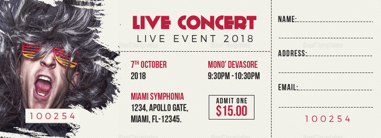 Live Concert Ticket Design Template in Word, PSD, Pages, Publisher