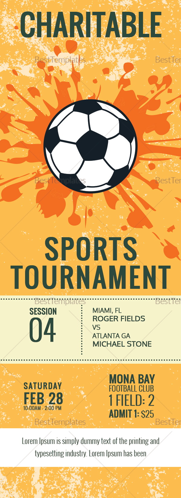 Football Tournament Ticket Design Template in Word, PSD, Pages, Publisher