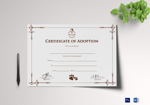 Simple Adoption Certificate Design Template in PSD, Word