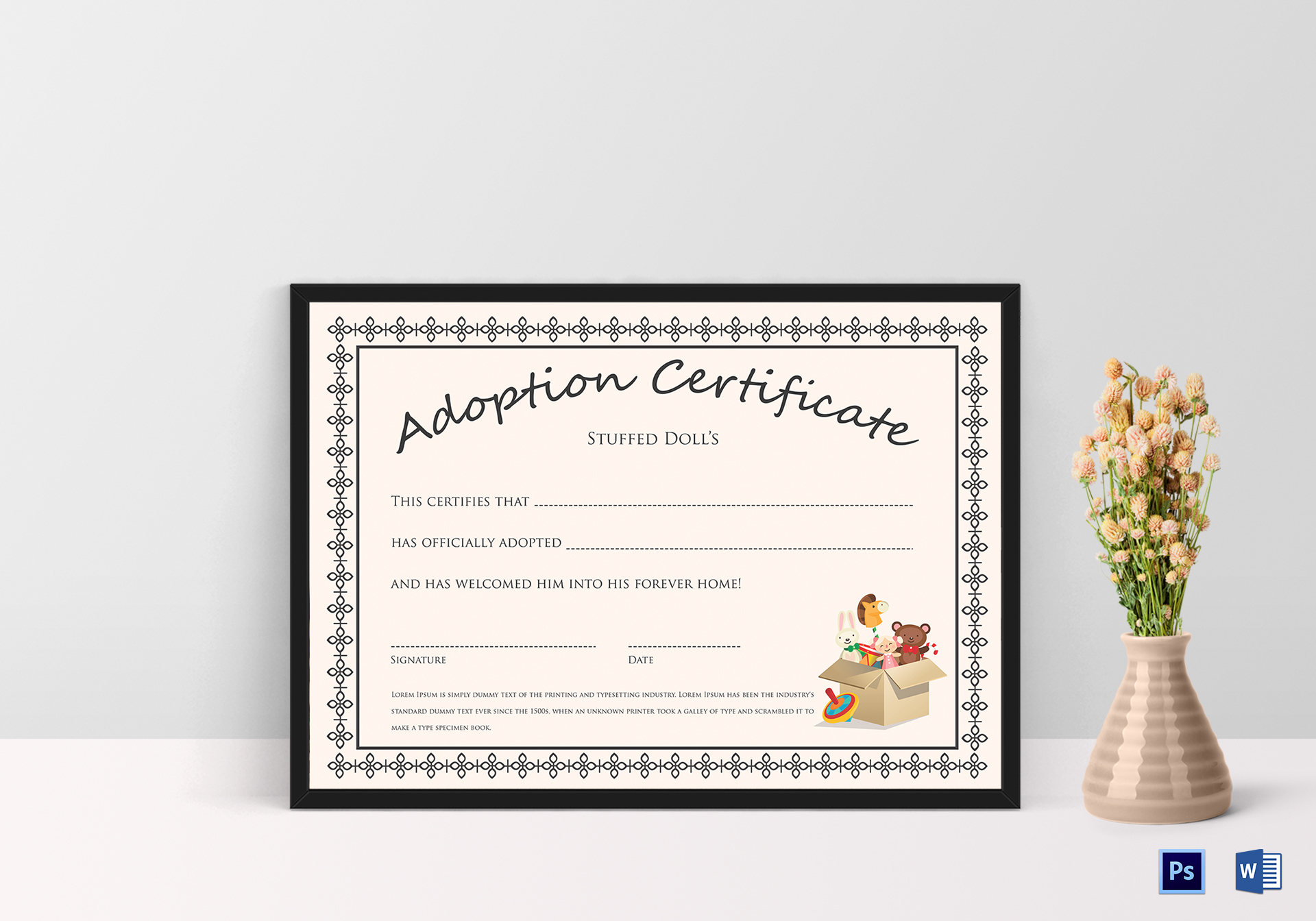 Doll Adoption Certificate Design Template In PSD Word