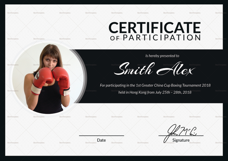 Boxing Participation Certificate Design Template in PSD, Word