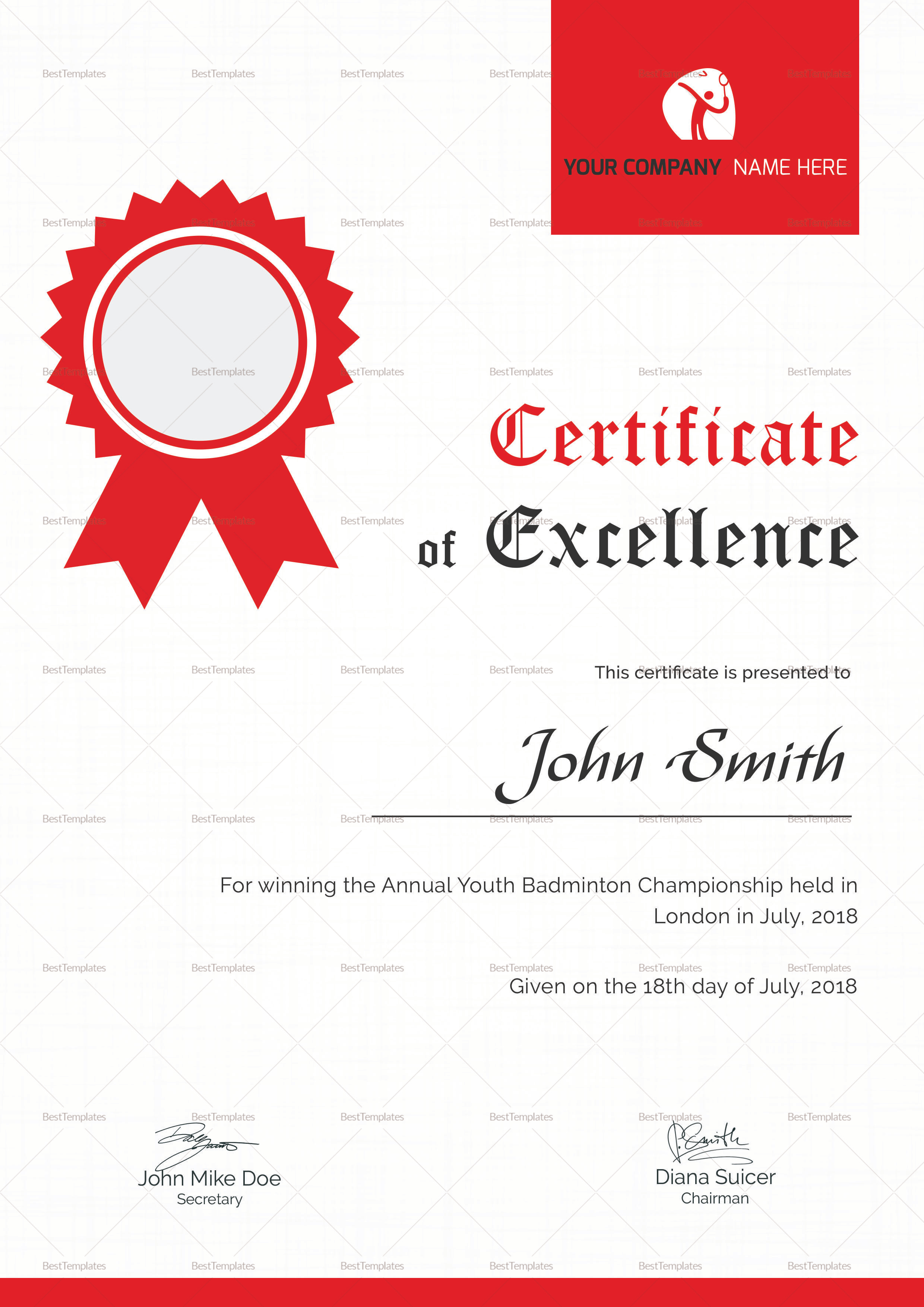 Badminton Excellence Certificate Design Template in PSD, Word