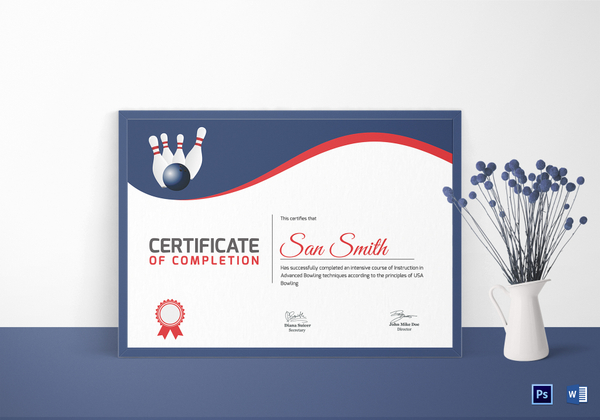 Printable Bowling Certificate Design Template in Word, PSD