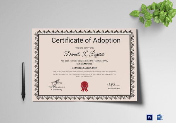 Happy Adoption Certificate Design Template in PSD, Word