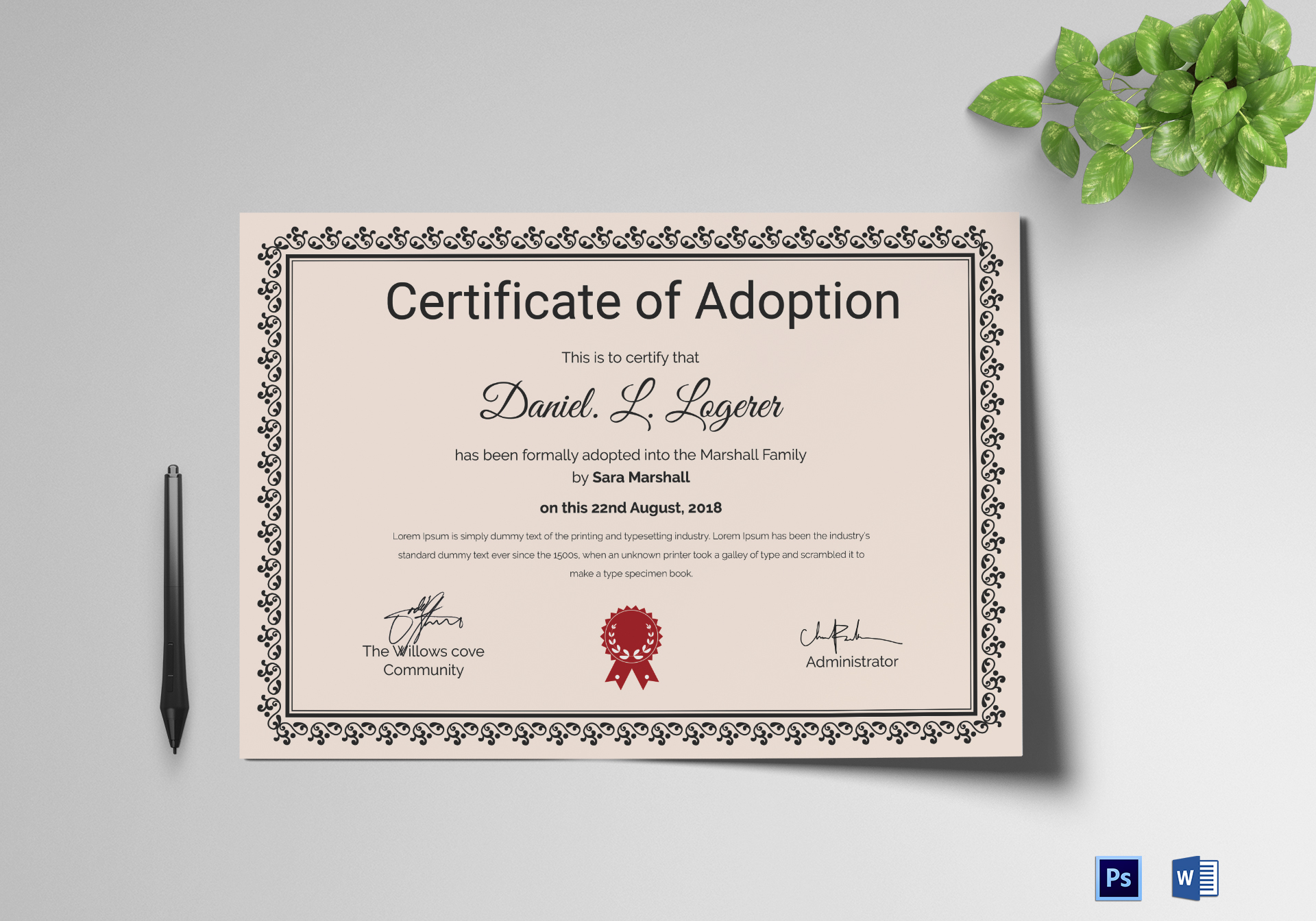 Happy Adoption Certificate Design Template In PSD Word