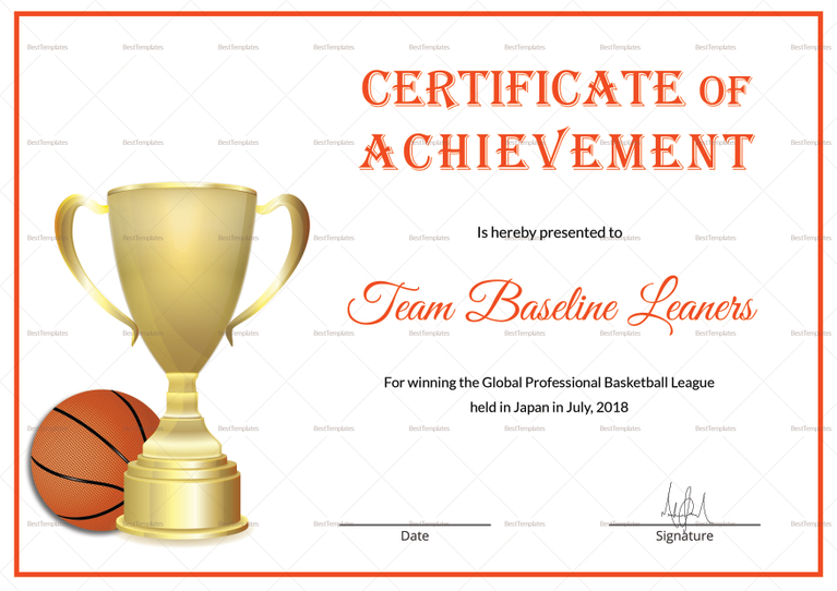 Basketball Achievement Certificate Design Template in PSD, Word
