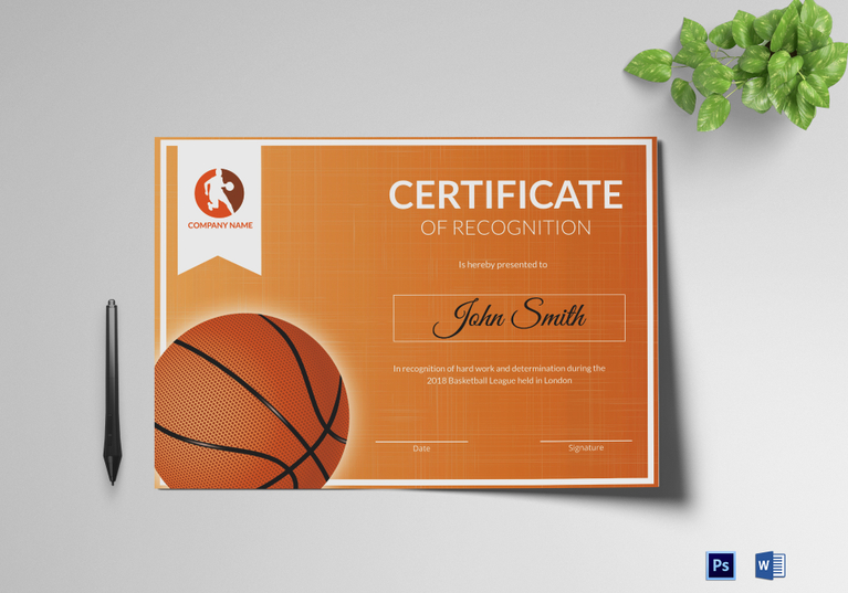 Basketball Recognition Certificate Design Template in PSD, Word