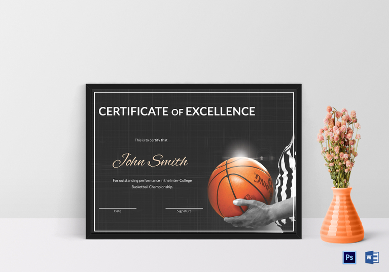 Basketball Excellence Certificate Design Template in PSD, Word