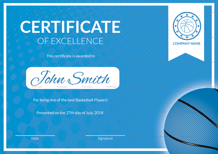 Printable Basketball Excellence Certificate Design Template in PSD, Word