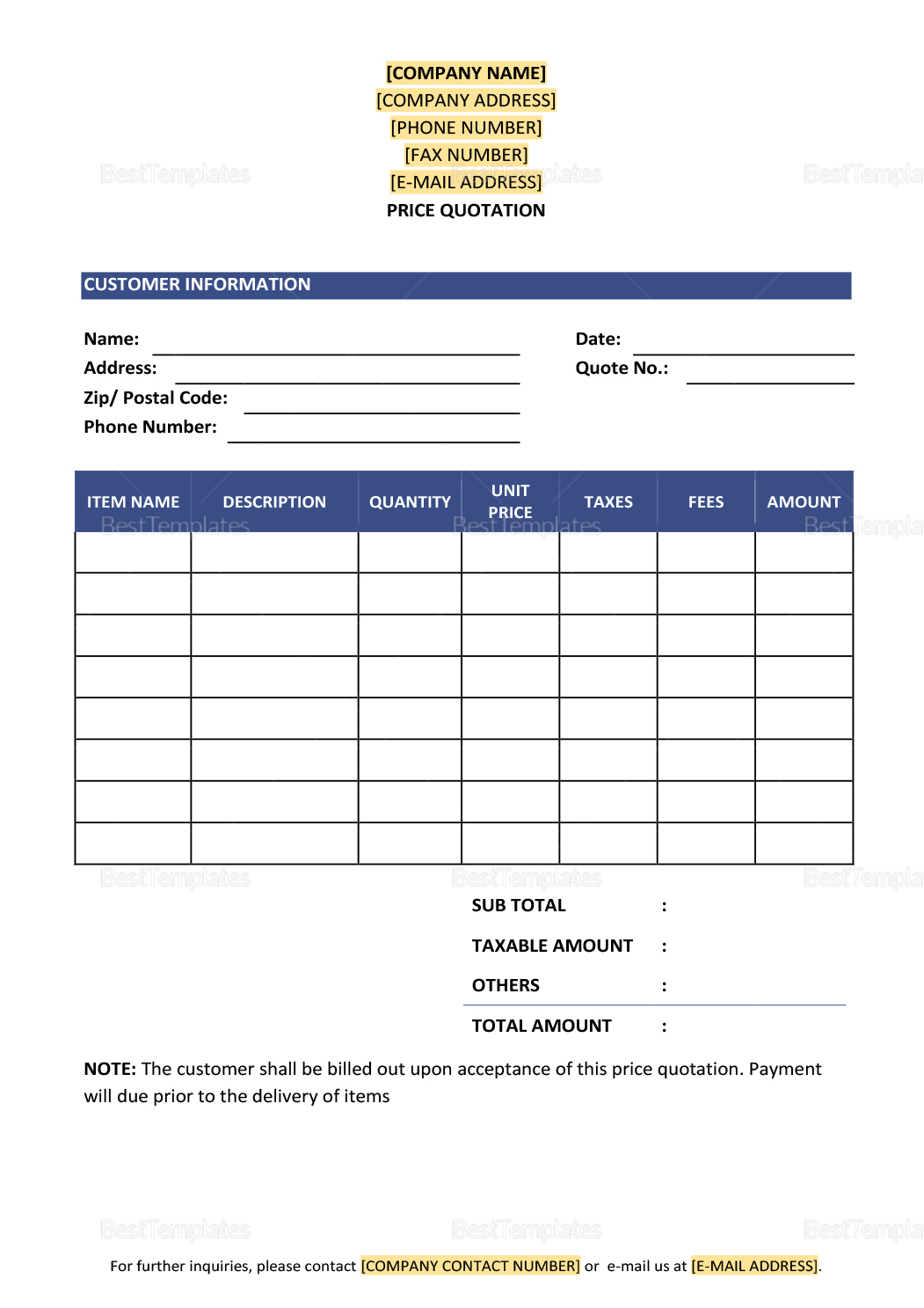 Price Quotation Document Template