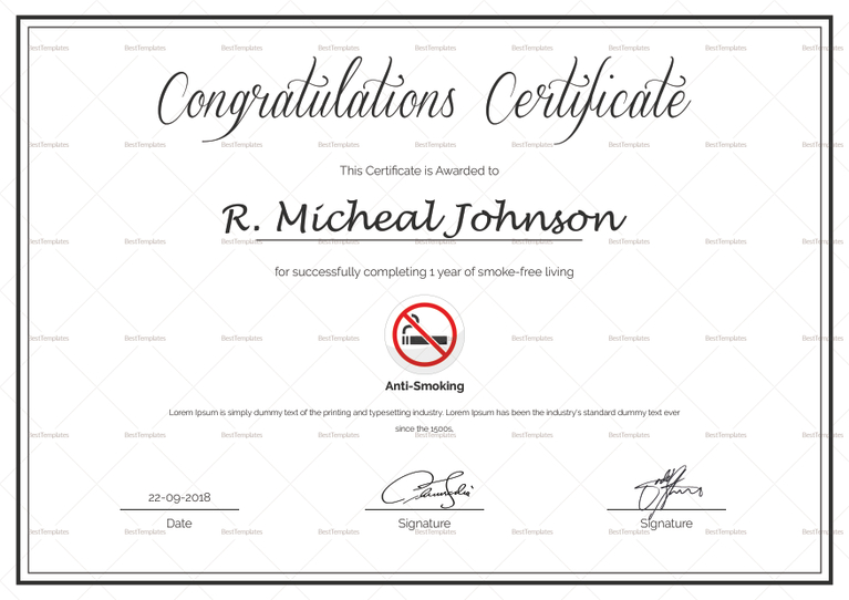Certificate of Congratulations for Quitting Smoking Design Template in