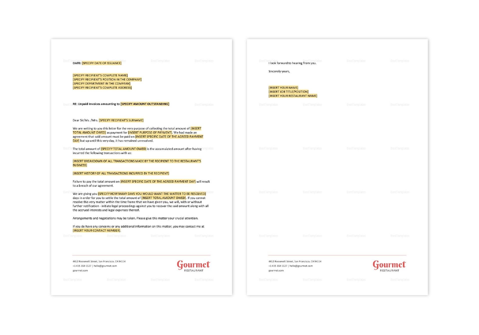 Restaurant Demand for Payment Template in Word, Apple Pages