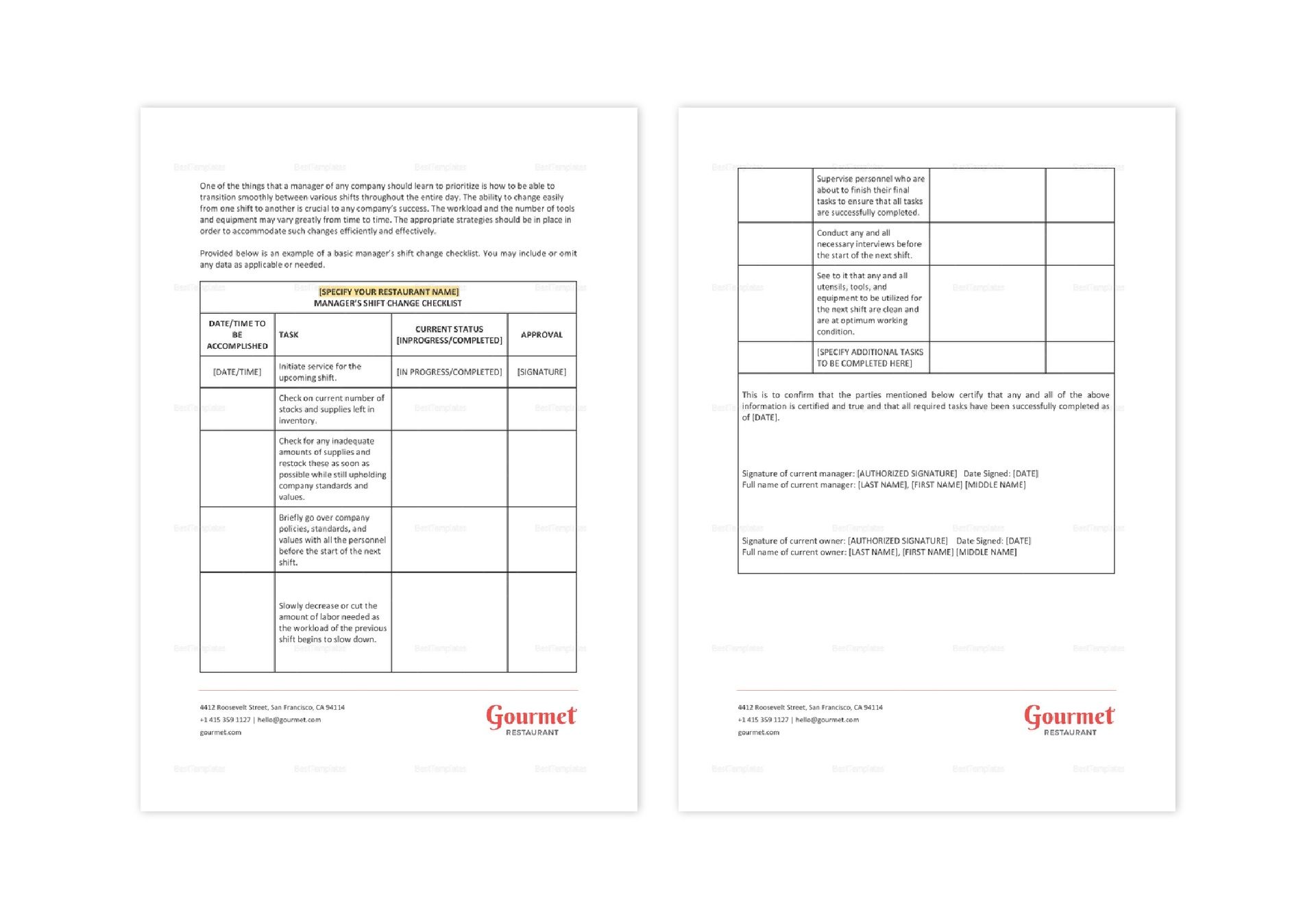 Restaurant Manager's Shift Card Template - Download in Word